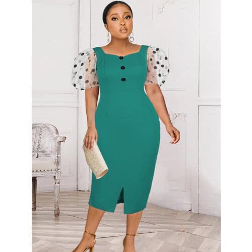 Women Dresses Elegant Office Ladies Patchwork Polka Dot Short Lantern Sleeves Summer 2021 Classy Pink Dress Button Plus Size 5XL