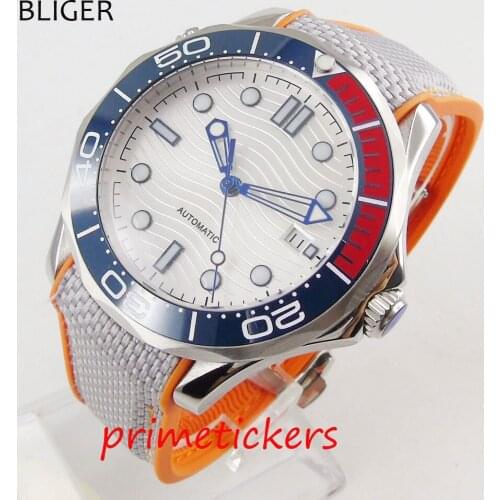 Automatic movement mens watch 41mm white dial rubber strap blue&red ceramic bezel luminous hands