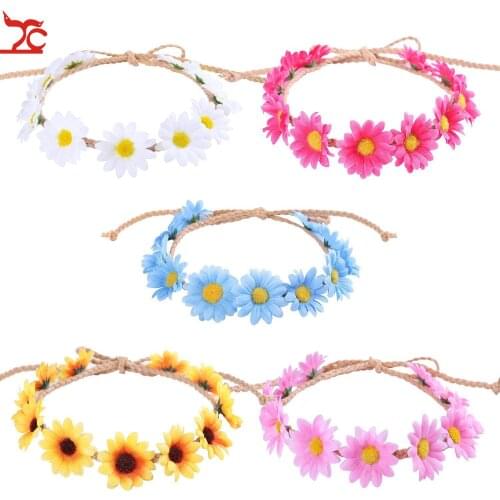 5pcs/set Sunflower Garland Floral Wreath Woven Daisy Headband for Women Female Girls Hat Hair Decorative Accessories