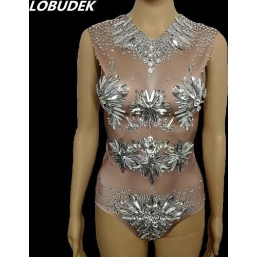 Sparkly Big Rhinestones Sleeveless Bodysuit Bar Party Show Nightclub DJ Singer Stage Wear Sexy Dancer Performance Dance Costumes