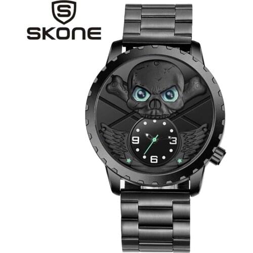 Richard 3D Skull Men Watch Brand SKONE Luxury Steel Quartz Male Watches Waterproof Retro Fashion Black Owl Clock Relogio SKONE