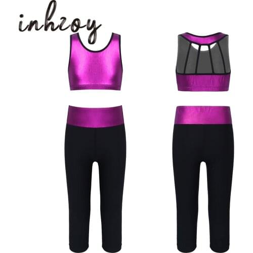 Kids Girls Ballet Dance Clothes Set Hollow Back Tanks Crop Top With Leggings Pants Tracksuit Outfit Stage Performance Dancewear