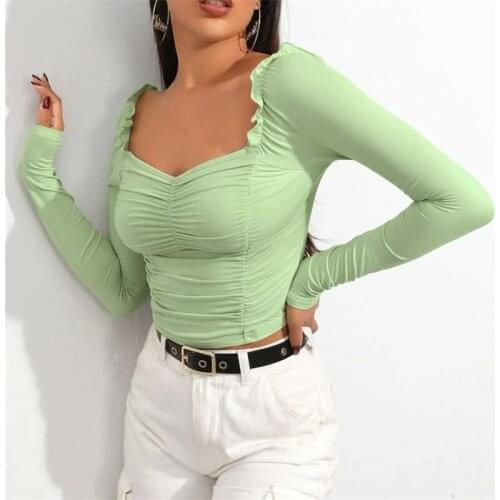 Hirigin Long Sleeve T-shirts Crop Top Women 2021 Ruffles Solid Color Square Neck Ruched Slim T-shirts Fashion Female Clothes
