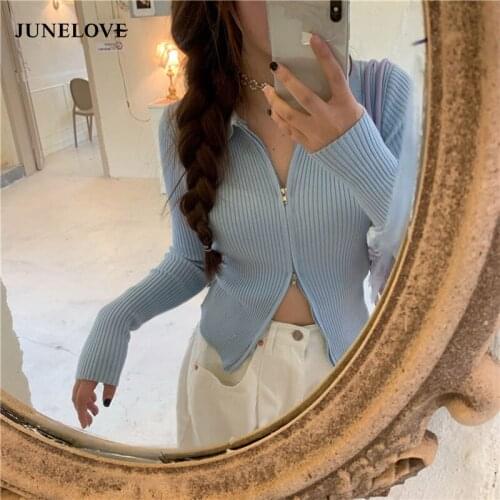 JuneLove Fashion Elastic Ribbed Zip-up Cardigans Casual Turn-down Collar Long Sleeve Spring Sweater Sexy Cropped Tops Knitting