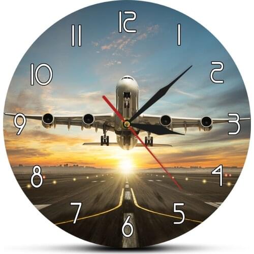 Commercial Jetliner Plane Acrylic Printed Wall Clock Airplane Taking of Runway With Sunset Light View Modern Home Decoration