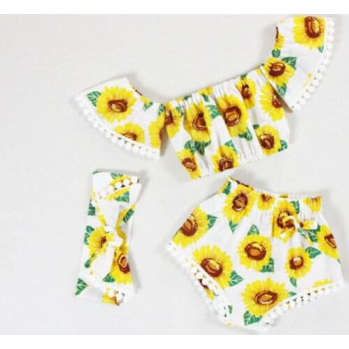 New Summer 3Pcs Newborn Infant Baby Girl Outfits Clothes Off Shoulder Yellow Tops Sunflower Print Shorts Cute Headband Set