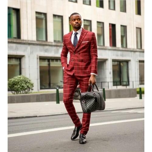 Handsome Red Check Suits Plus Size Groom Men Business Pants Suit Tailored Plaid Prom Party Wedding Tuxedos (jacket+pants)