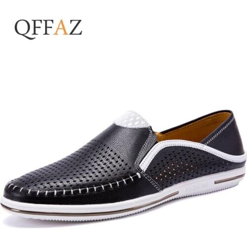 QFFAZ Genuine Leather Men Shoes Breathable Hollow Casual Shoes Men Loafers Slip-on Comfortable Driving Shoes Zapatos De Hombre
