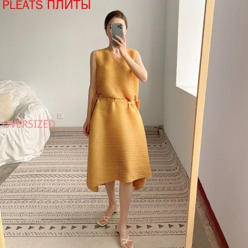 Miyake Pleated Dress Womens Temperament Summer New Style Waist Slimming Plus Size PLEATS Dresses Vestido Shein De Mujer Robes