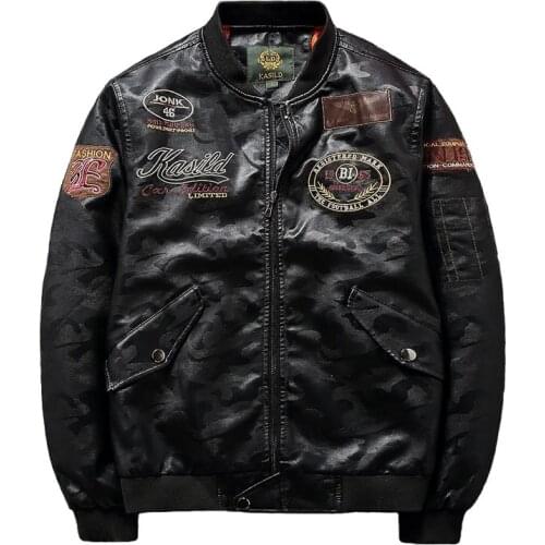 Mens Clothing Autumn Air Force Pilot PU Leather Jacket Flight Suit Multi-standard Embroidery Motorcycle Suit Biker Jacket Men