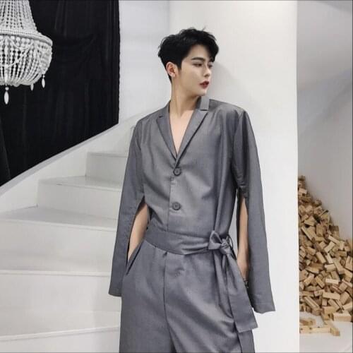 Mens Autumn Show Catwalk New Sleeves Openwork Design Temperament Jumpsuit Nine Points Flared Pants Jumpsuit Singer Costumes