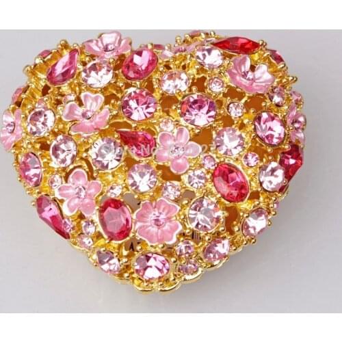 Pewter Heart Shaped Jewelry Box Silver Crystal with Floral Flower Design Gift Box