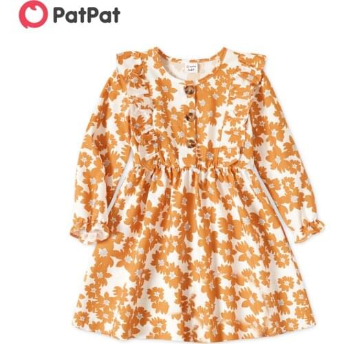 PatPat Toddler Girl Floral Print Button Design Ruffled Long-sleeve Dress
