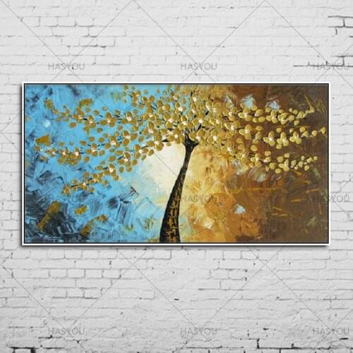 Hand Painted thick Knife oil painting gold golden flowers tree picture Modern Canvas Wall Art Floral Oil Painting for Home Decor