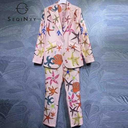 SEQINYY Fashion Suit Early Autumn Spring New Design Women Runway Crystal Blazer + Slim Pants Starfish Vintage Print Elegant