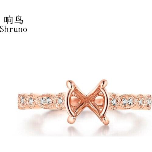 Shruno Round 7mm to 8mm Oval 9x7mm Solid 14K Rose Gold Natural Diamonds Semi Mount Engagement Ring Women Fine Jewelry Gift