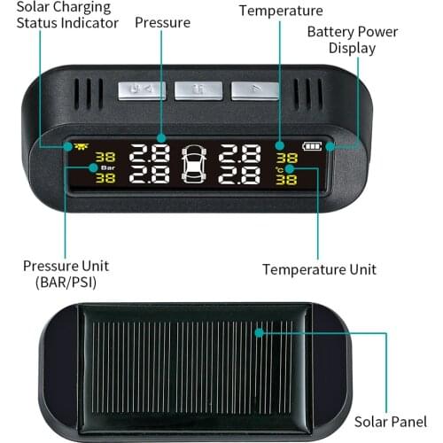AOSHIKE Car TPMS Solar Charging Tire Pressure Monitoring System Waterproof LCD Display Monitor Type 4 Internal External Sensors
