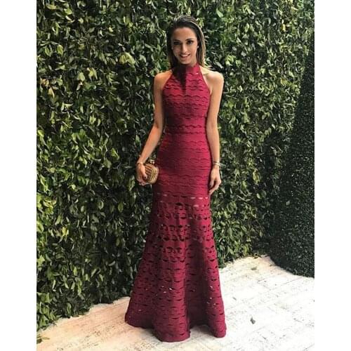 Top Quality Wine Red Weaving Hollow Out Long Rayon Trumpet Bandage Dress Cocktail Party Dress