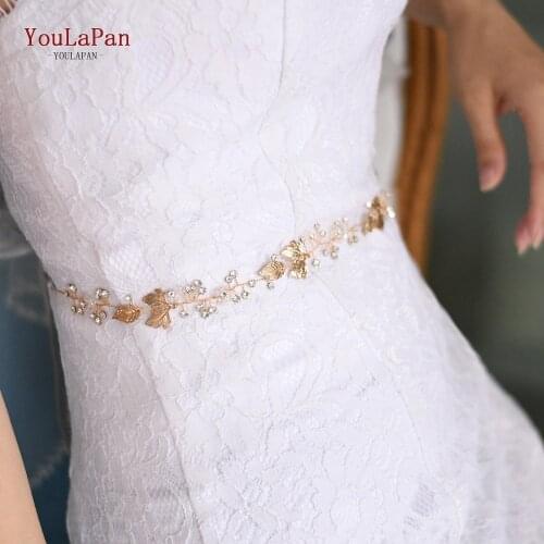 YouLaPan SH122 Golden Wedding Belt Golden Leaves Wedding Dress Belt Crystal Bridal Belt Wedding Dress Accessories Bride Belt