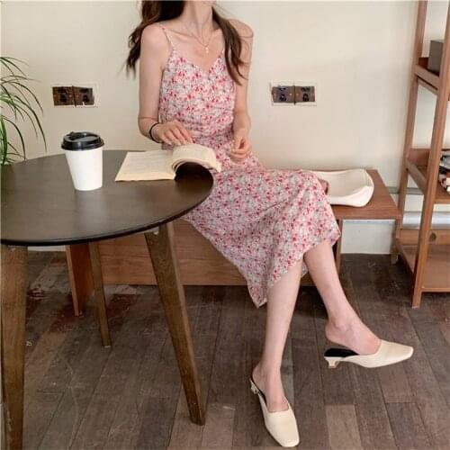 Bella Philosophy Sweet Floral Dress Elegant Strap Party Midi Kawaii Dress French Sexy High Street Beach Summer Korean Dress New