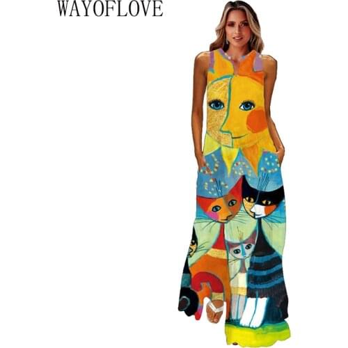 WAYOFLOVE 3D Cat Cartoon Print Dress Summer Holiday Beach Casual Vintage Dresses Woman Party Elegant Sleeveless Long Dress Women