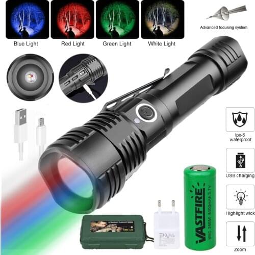 4 in 1 Zoomable Tactical LED Flashlight USB Rechargeable Flash Light Red/Green/Blue/White Light Torch Outdoor Hunting Fish Light