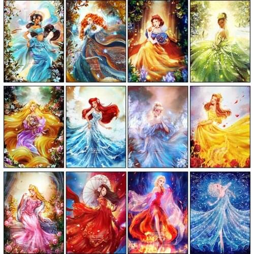 DIY 5D Diamond Painting Disney Cartoon Princess Series Cross Stitch Round Diamond Mosaic Picture of Rhinestones Home Decoration