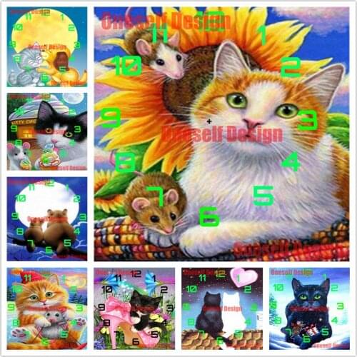 5d diamond painting with clock animal cat diamond embroidery clock cute cat rhinestone pictures decoration home diamond art kit