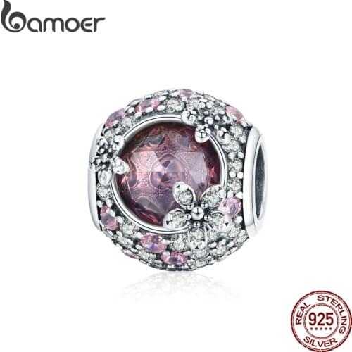 Bamoer 925 Sterling Silver Romantic Cherry Blossoms Pink Gem Bead CZ Charm for Original Bracelet Bangle Women Jewelry BSC456