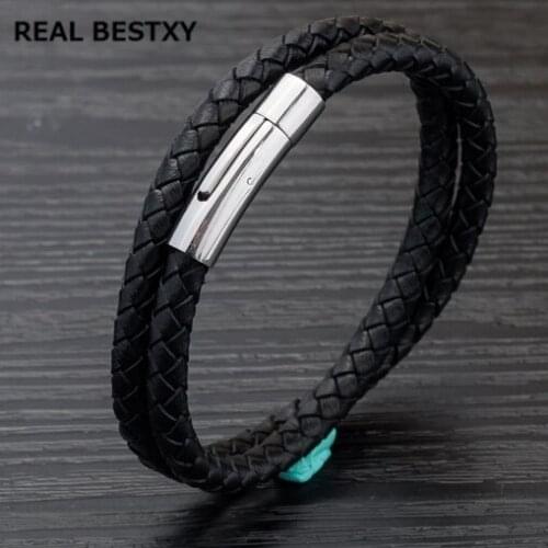 Real Bestxy Mens braslet Triple Wrap Around Braided Leather Bracelets Bangles Men Stainless Steel press Clasp Wristband