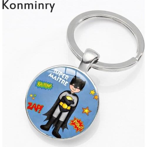 Konminry Classic Super Maitre Maitresse Key Chains Cartoon Comics Painting Glass Key Holder For Teacher Cute Women Men Gifts