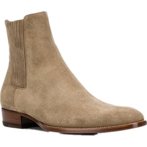 Brand Motorcycle Biker Mens Slip On Chelsea Boots Top Quality Cow Suede Leather Ankle Boots Punk Pointed Toe Business Work Shoes