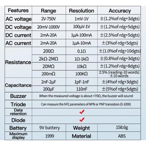 DT9205A AC DC Digital Multimeter Test Voltmeter Resistance Capacitance LCD Display 2000 counts Transistor Diode Meter Tester