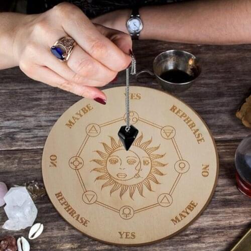 L38A Wooden Pendulum Board with Moon Star Divination Energy Carven Plate Metaphysical Altar Decoration