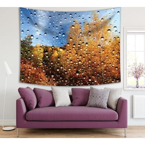 Tapestry Autumn View through Window Glass Covered by Raindrops Gold Orange Colored Leaves Trees Blue Sky Nature Theme