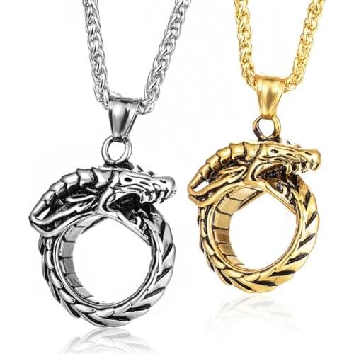 Tail Snake Circle Pendant Necklaces Stainless Steel Chain Link Necklace for Men Him Punk Jewelry 24Inch