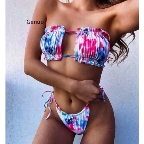 Micro Tie Dye Bikini 2020 Sexy Colorful Swimsuit Women Swimwear Strapless Ruffles Bikini Set Bathing Suit 2 Piece Swimsuit