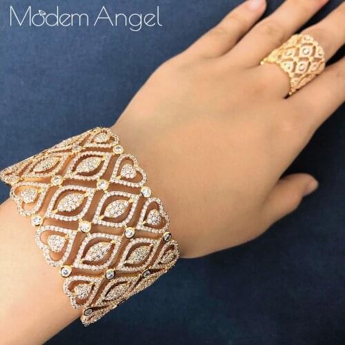 ModemAngel Luxury Delicate Lace Flower Cubic Zirconia Luxury Super Copper Women Party Engagement Width Bracelet Bangle And Ring