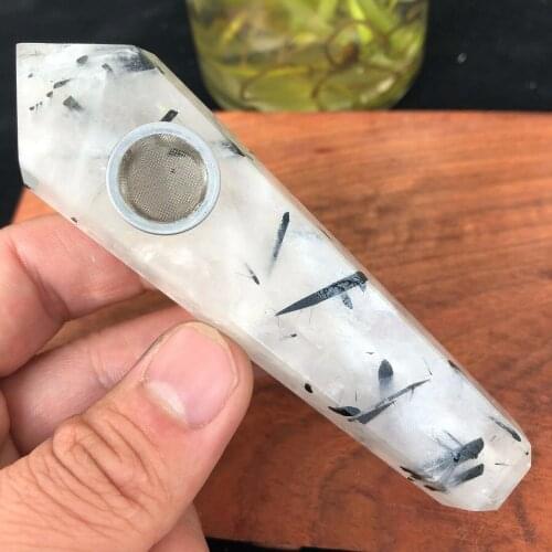 Natural Rare Black Tourmaline Crystal Cigarette Holder Smoking Pipe