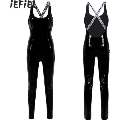 2021 New Sexy Women Patent Leather Jumpsuit Vinyl Latex Bondage Catsuit Wetlook Leotard Sportwear Skinny Gym Leotard