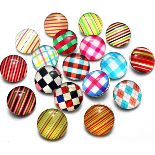 Newest Mix 10pcs/lot Check pattern Snap Buttons Charms 18mm Print replaceabl Glass Buttons Fit DIY Snap Bracelets&Bangle Jewelry