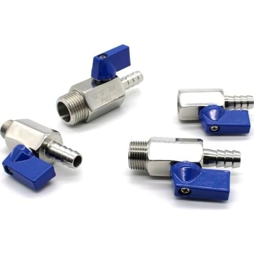 304 Stainless Steel Backhand Handle1/8"1/4"3/8"1/2" BSP x 7/8/10/12mm Hose Backhook Small Ball Valve Beer SUS with Blue hanlde
