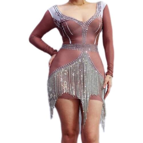 Silver Rhinestones Fringes Dress Lady Prom Evening Outfit Bar Singer See Dress Shining Birthday Tassels Dress