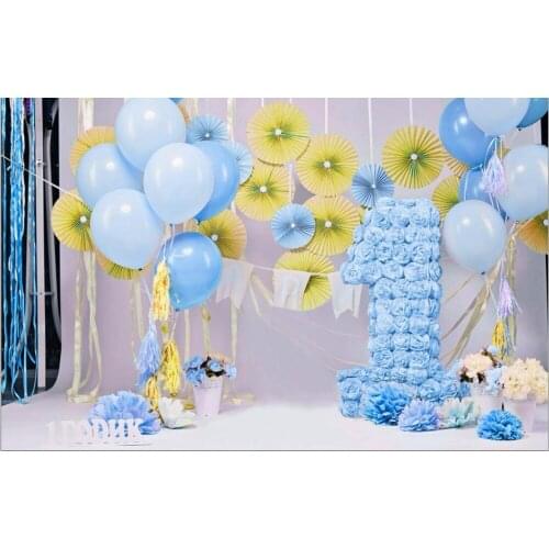 TR Baby 1st Birthday Backdrop for Photography Blue Balloons Vinyl Background Yellow Flowers Backdrops for Kids Party Photos