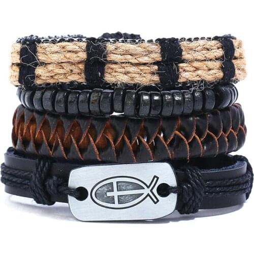 Vintage Black Leather Bracelet Punk Cross Beads Fish Charm Braided Hiphop Fashion Wristbands Men Multilayer Bangle Retro Jewelry
