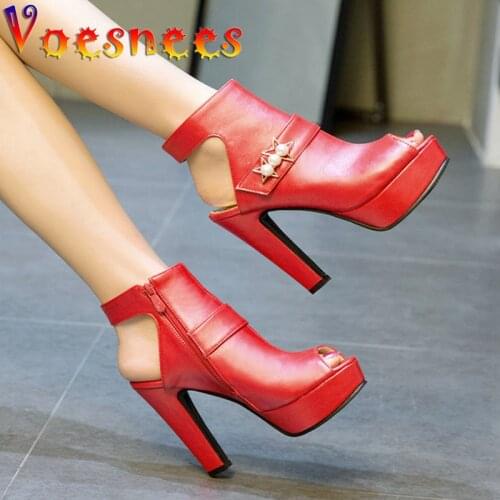 Voesnees 2021 Summer New Sandals Red Thick-heeled Peep Toe High Heels 12cm Plus Size 34-43 Rear Empty Single Shoes Womens Shoes