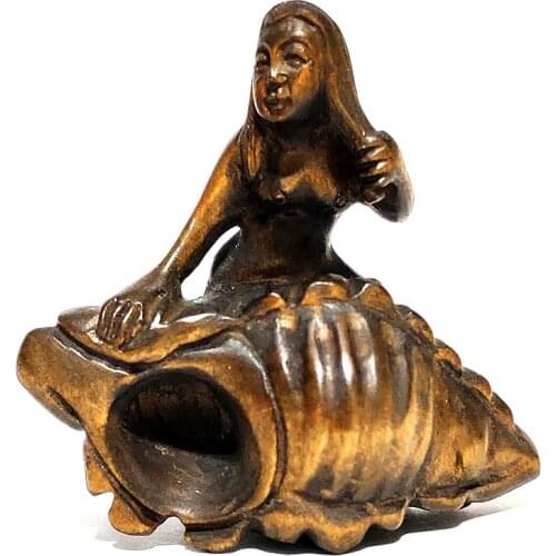 Y7190 - 2" Hand Carved Boxwood Netsuke Figurine Carving :Mermaid on Snail