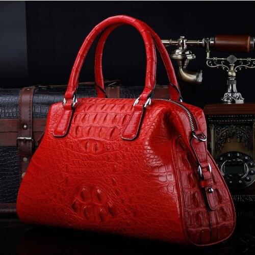 Genuine Alligator Skin Womens Red Pillow Purse Real Crocodile Leather Lady Top-handle Handbag Female Large Single Shoulder Bag