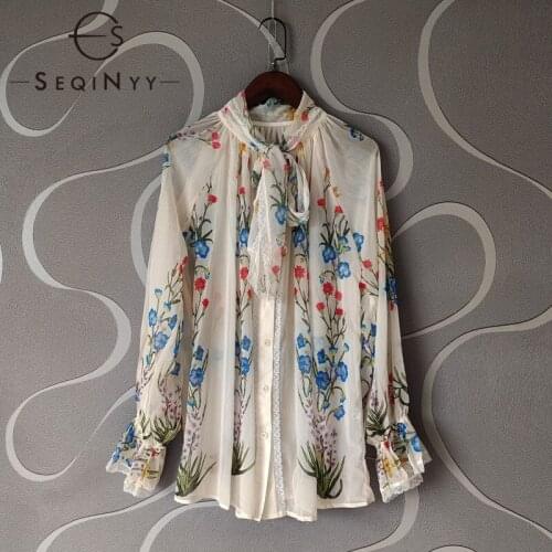 SEQINYY Loose Shirt Summer Spring New Fashion Design Women Runway White Flowers Print Lace Patchwork Elegant Top Chiffon