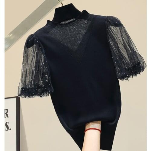 Women Summer Tops Lace Short Sleeve Knitted T-shirt Slim Tops White Black T Shirt Female Top Lantern Sleeve Tshirt Tees
